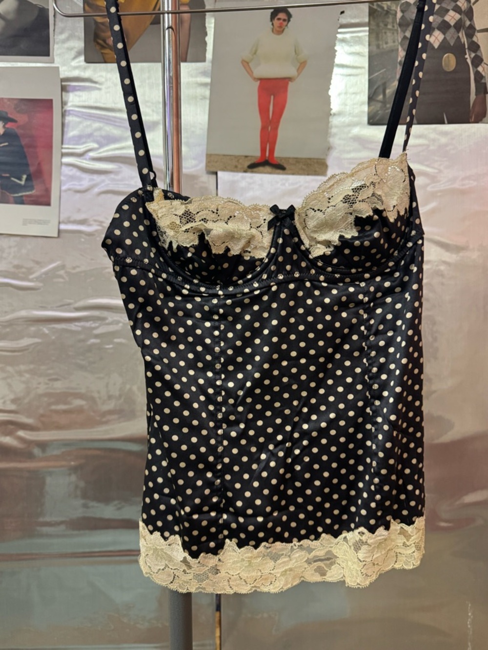 Dolce & Gabbana Black and Cream Polka Dot Satin Lace Cami Tank